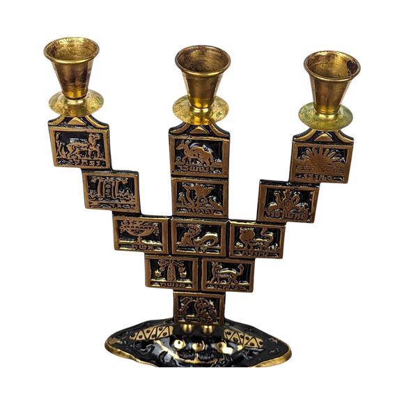 Vintage Goldtone Astrological Candelabra: Black Enamel Zodiac Candle Holder - Picture 4 of 9